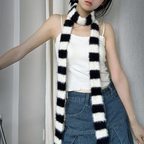 Korean Fashion Pashmina Scarf for Women Men - Soft Striped Plush Neck Warmer
