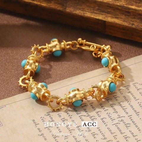Medieval Vintage Charm Fairy Mosaic Turquoise Glass Bracelet for Women