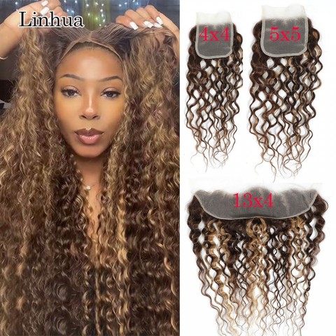 Llinhua Ombre Brown Honey Blonde Water Wave Lace Frontal 13x4